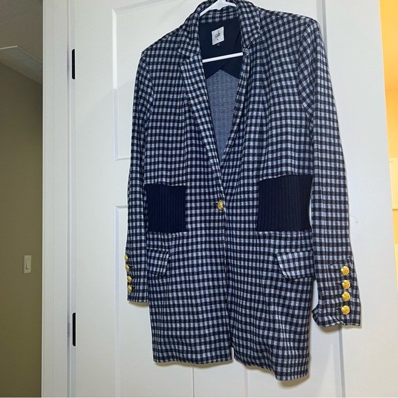 CABI | checkup blazer navy white plaid gold buttons unlined sz MEDIUM - Picture 3 of 13